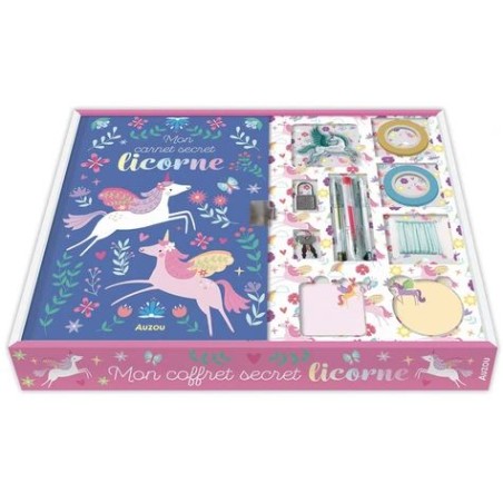 Mon coffret secret licorne - Avec 1 carnet secret, 3 planches de stickers, 1 cordon avec fermoir, 3 stylos glitters, 2 masking t