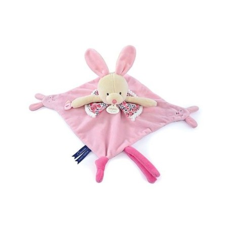 Doudou plat lapin avec marionnette à doigt - Rose